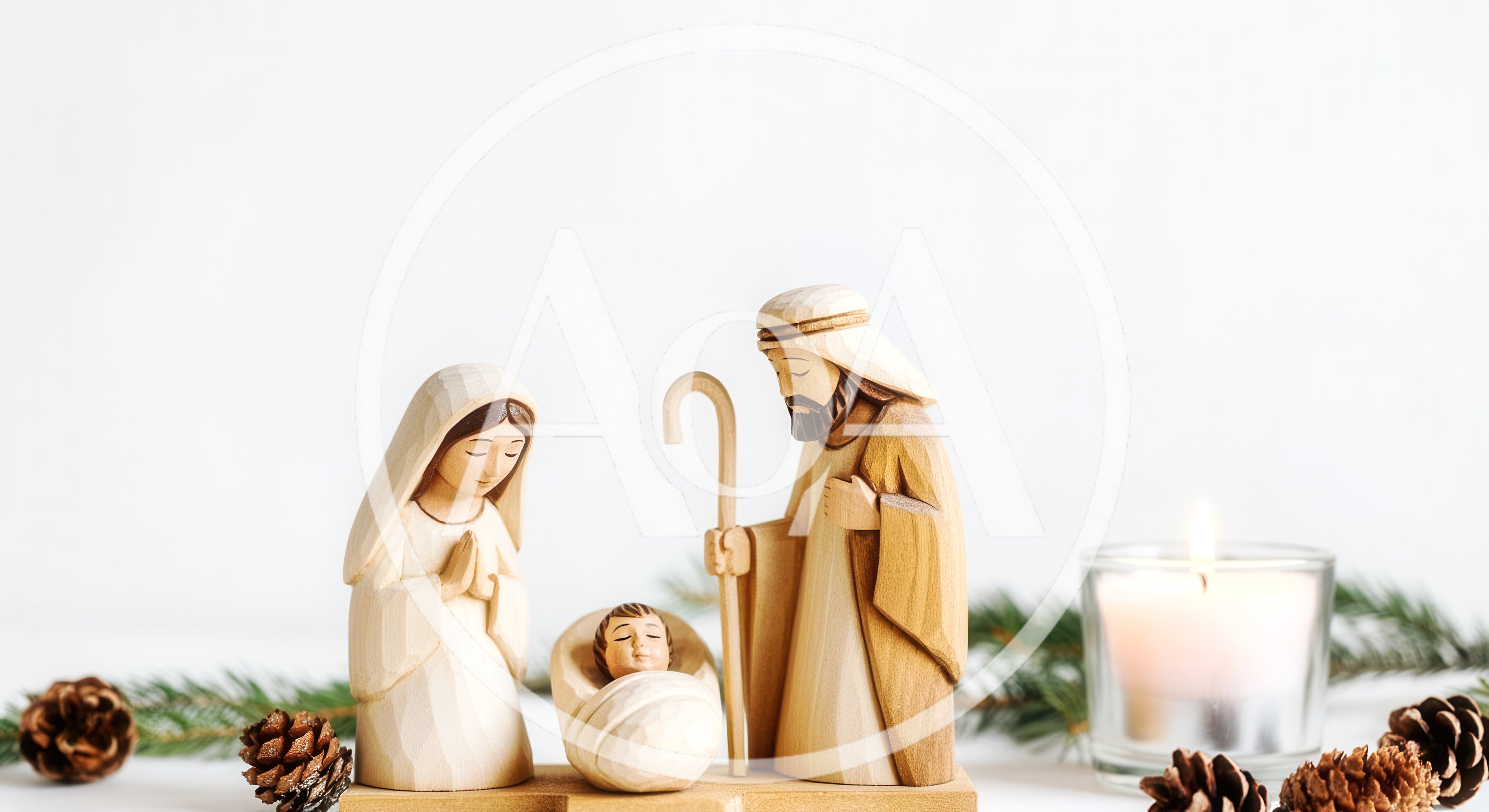 Wooden Nativity Scene Figurines With Candle And Pinecones