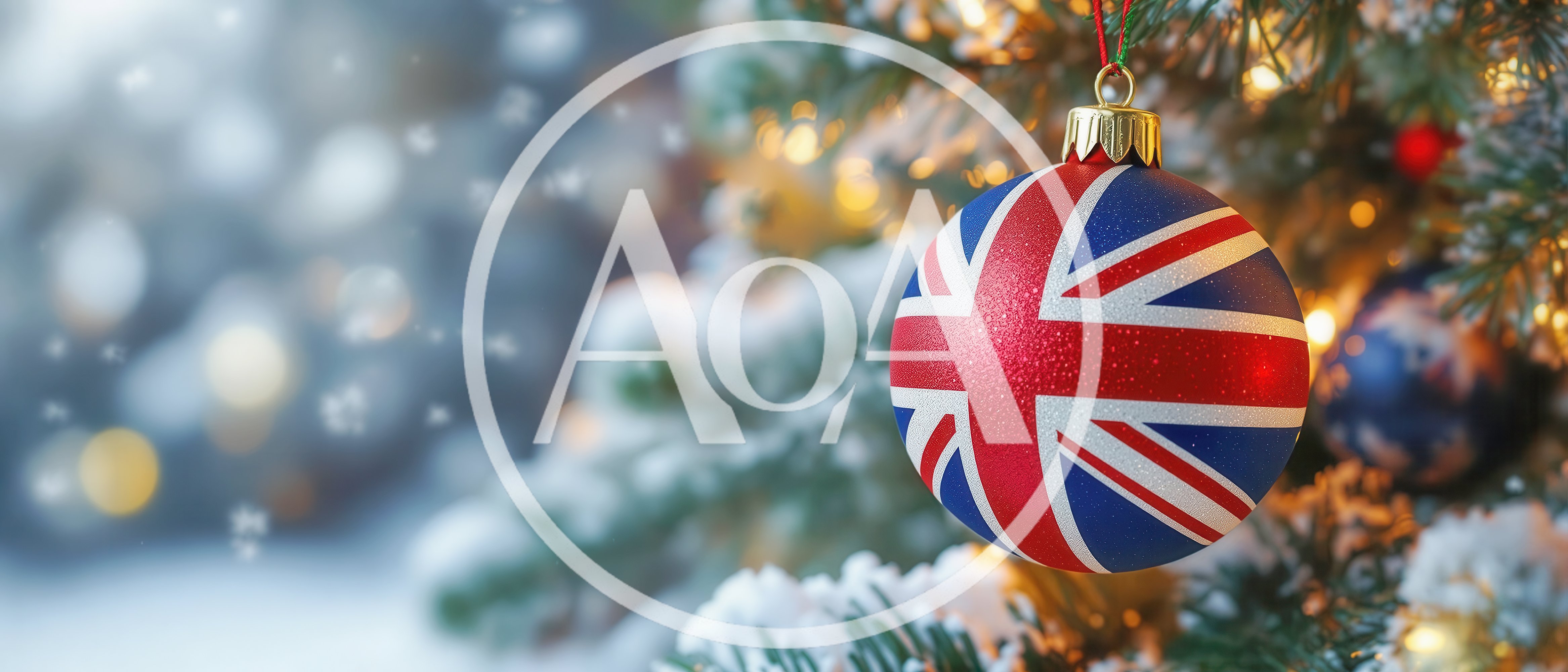 Union Jack Christmas Ornament Hanging On Snowy Tree