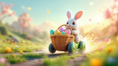 Cute Easter Bunny Driving A Basket Car