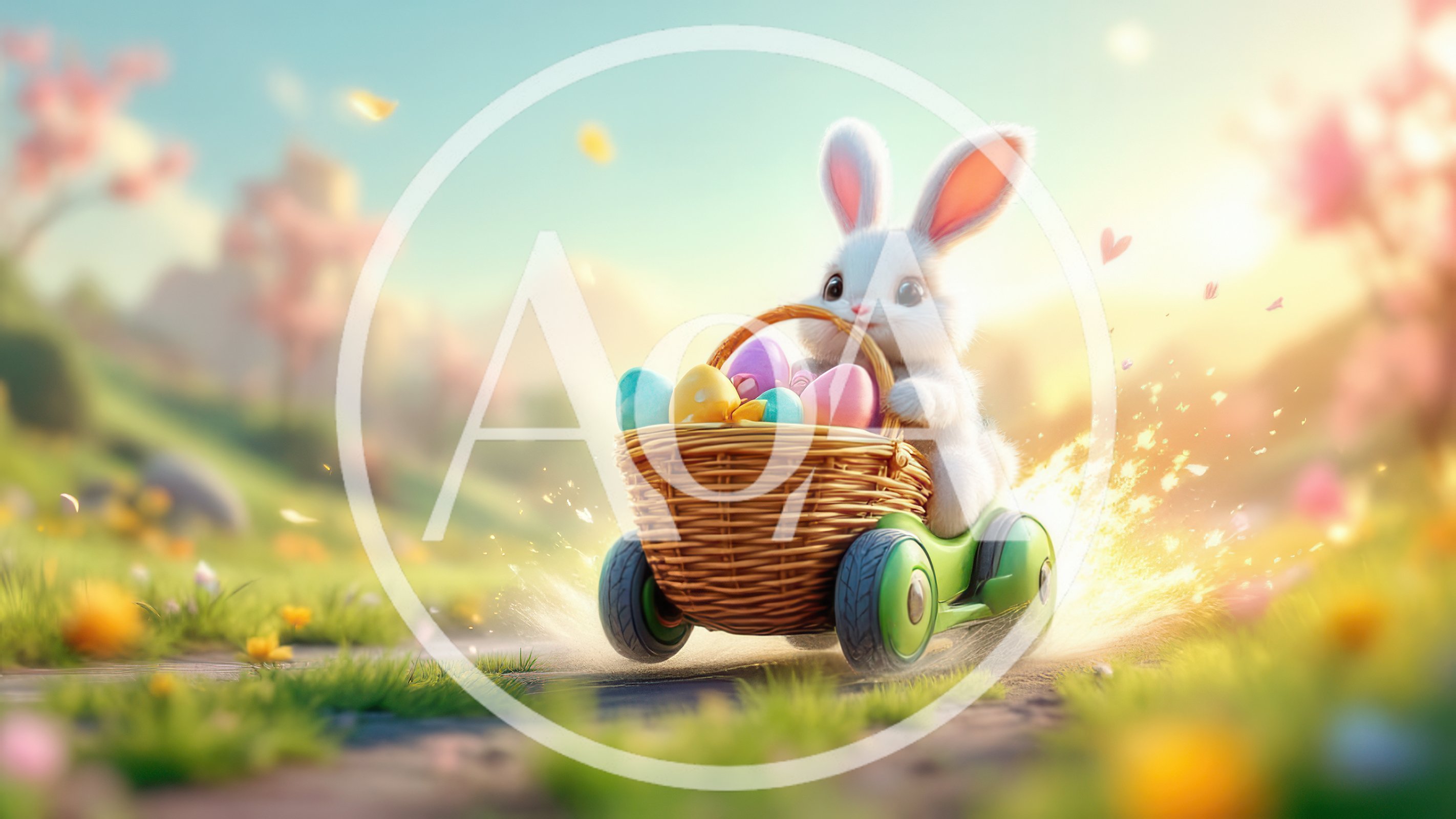 Cute Easter Bunny Driving A Basket Car