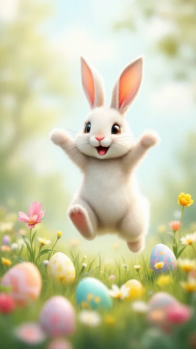 Cute White Easter Bunny Jumping in a Flower Meadow