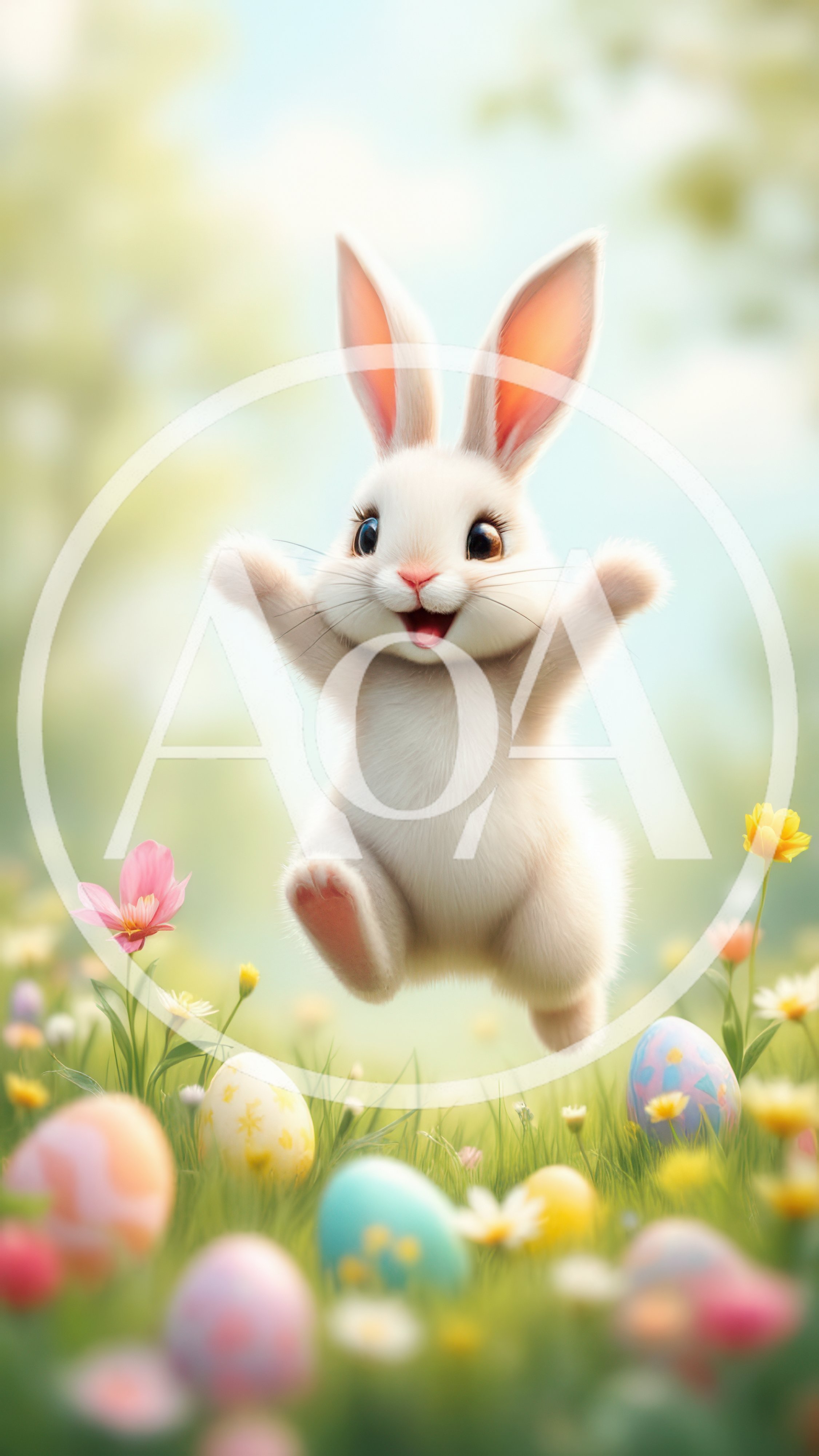 Cute White Easter Bunny Jumping in a Flower Meadow