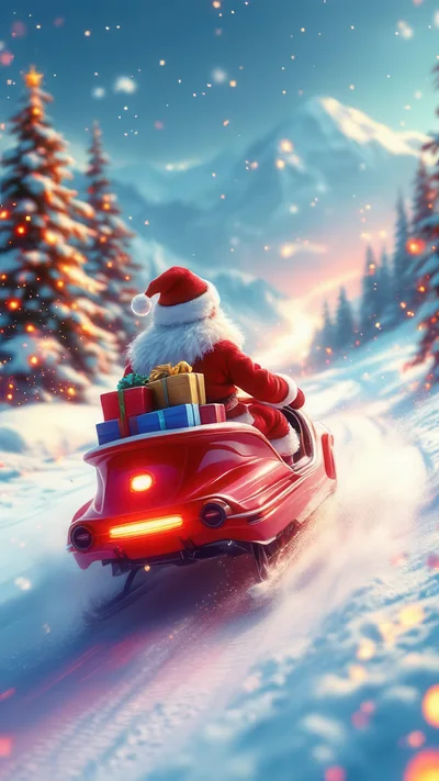 Santa Claus Riding A Modern Red Snowmobile