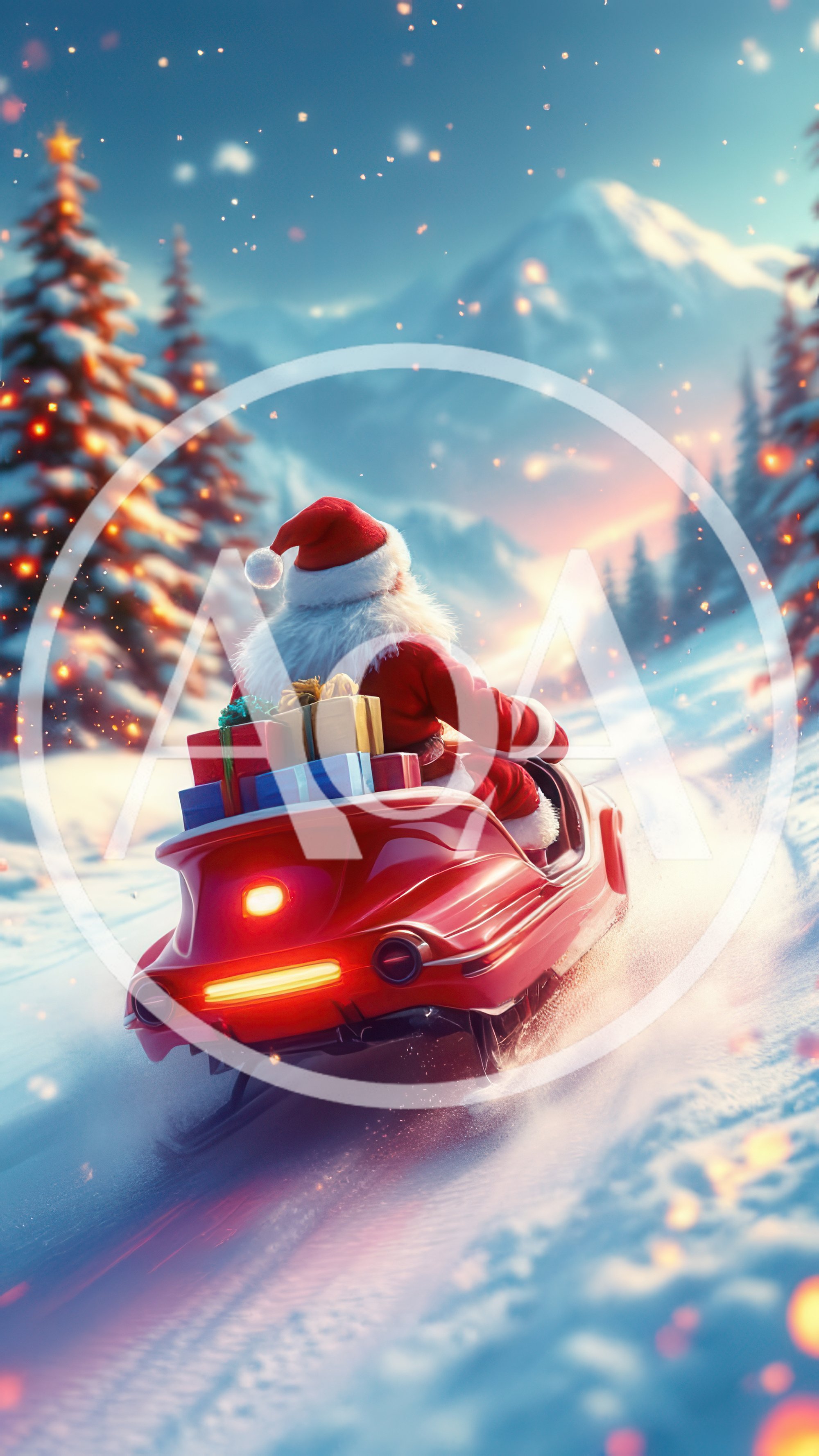 Santa Claus Riding A Modern Red Snowmobile
