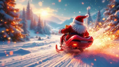Santa Claus Riding A Futuristic Red Snowmobile