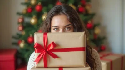 Young Woman Holding Christmas Gift Box