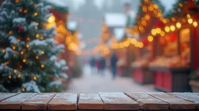 Snowy Wooden Table Overlooking Christmas Market