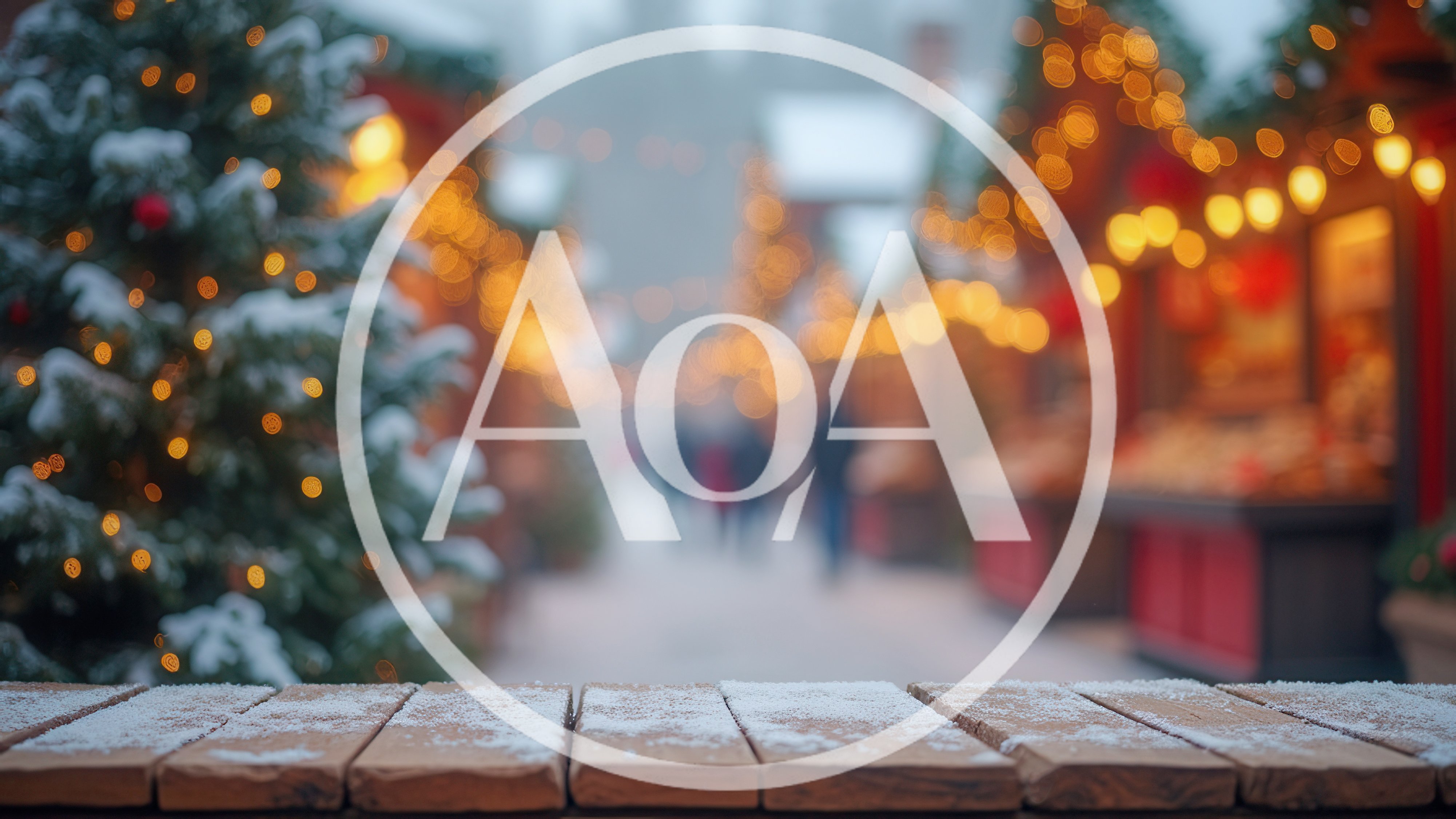 Snowy Wooden Table Overlooking Christmas Market