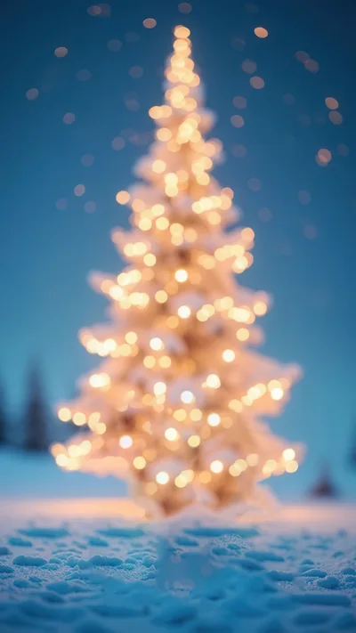 Blurred Christmas Tree With Glowing Lights In Snowy Landscape