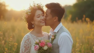 Asian Bride And Groom Kissing In Golden Field