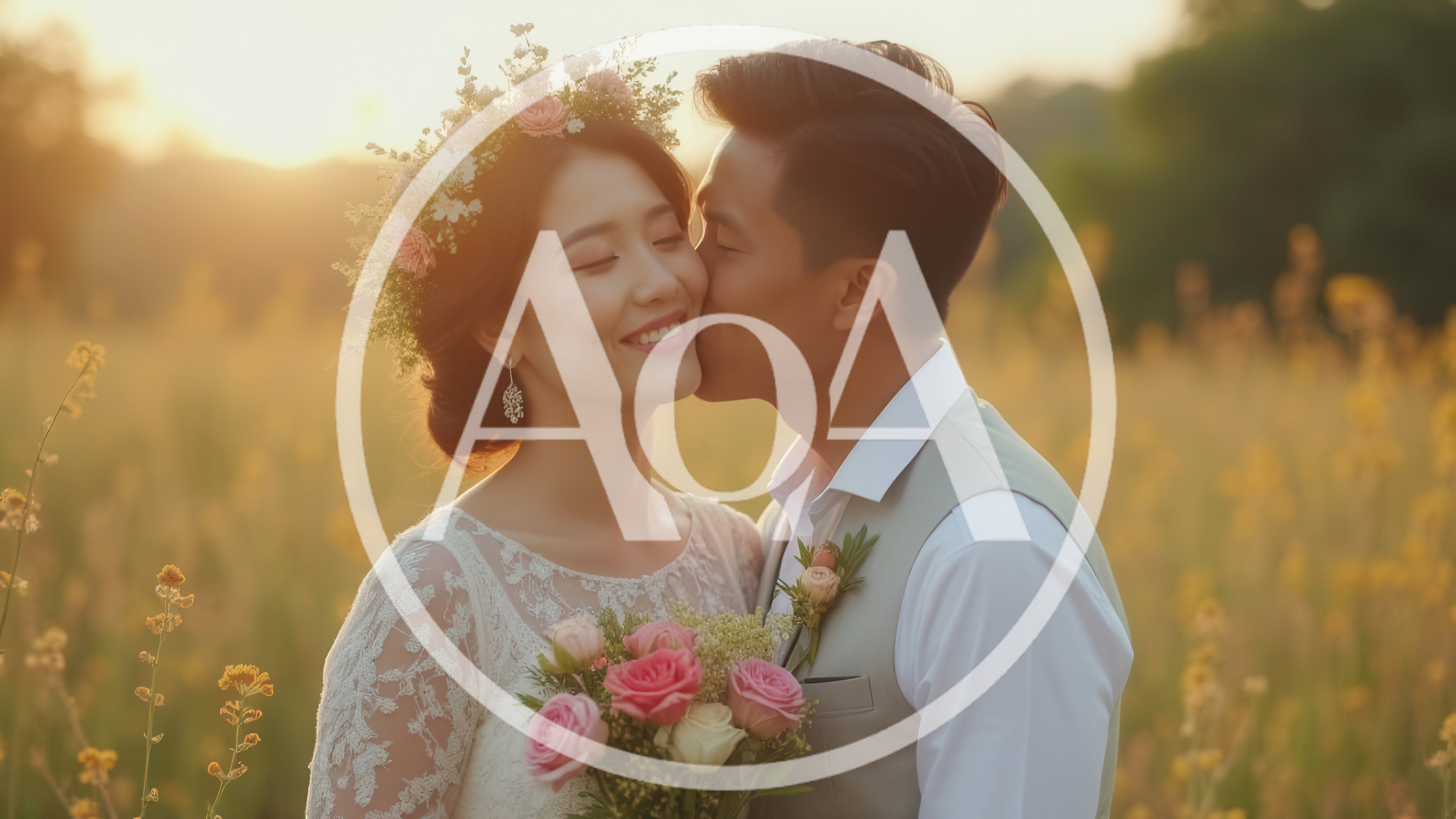 Asian Bride And Groom Kissing In Golden Field