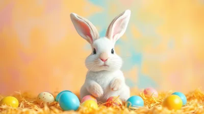 Adorable White Easter Bunny Sitting Among Colorful Eggs