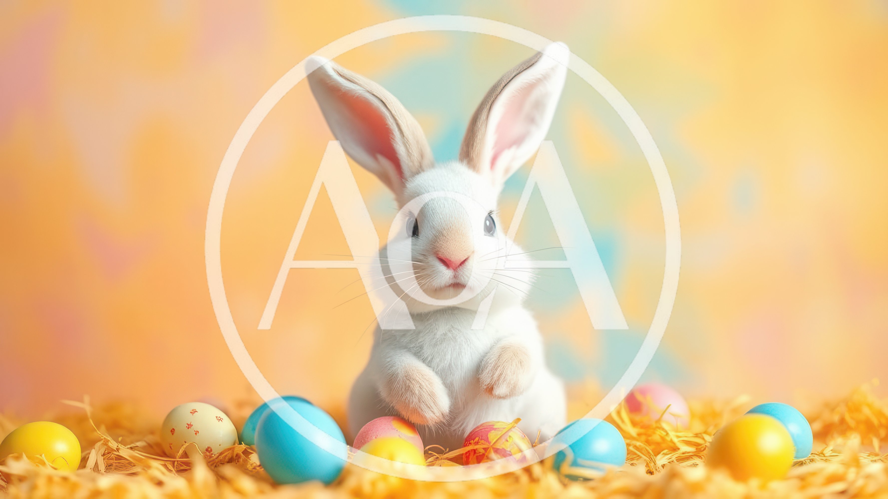 Adorable White Easter Bunny Sitting Among Colorful Eggs