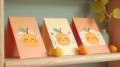 Three Decorative Autumn Pumpkin Greeting Cards On Shelf