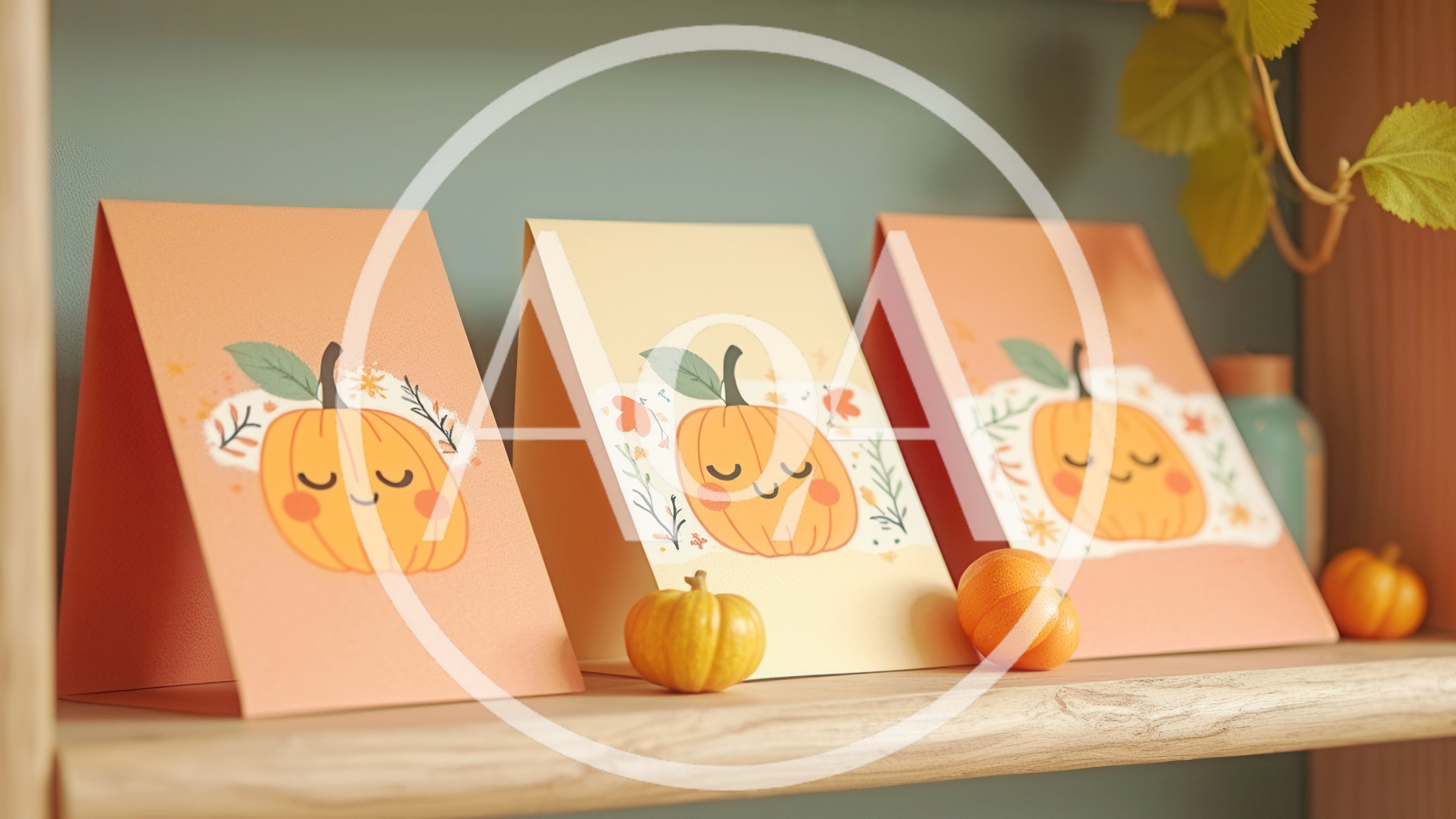 Three Decorative Autumn Pumpkin Greeting Cards On Shelf