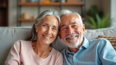 Happy Senior Couple Smiling Together On Sofa