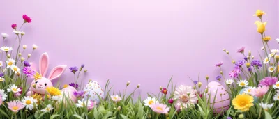 Easter Bunny With Decorated Eggs And Spring Flowers