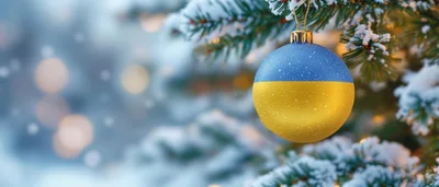 Ukrainian Flag Christmas Ornament Hanging On Snowy Pine Branch