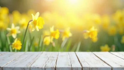 White Wooden Table Surface Against Blurred Daffodil Field