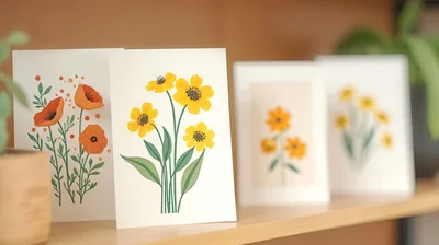 Floral Greeting Cards Displayed On A Wooden Shelf