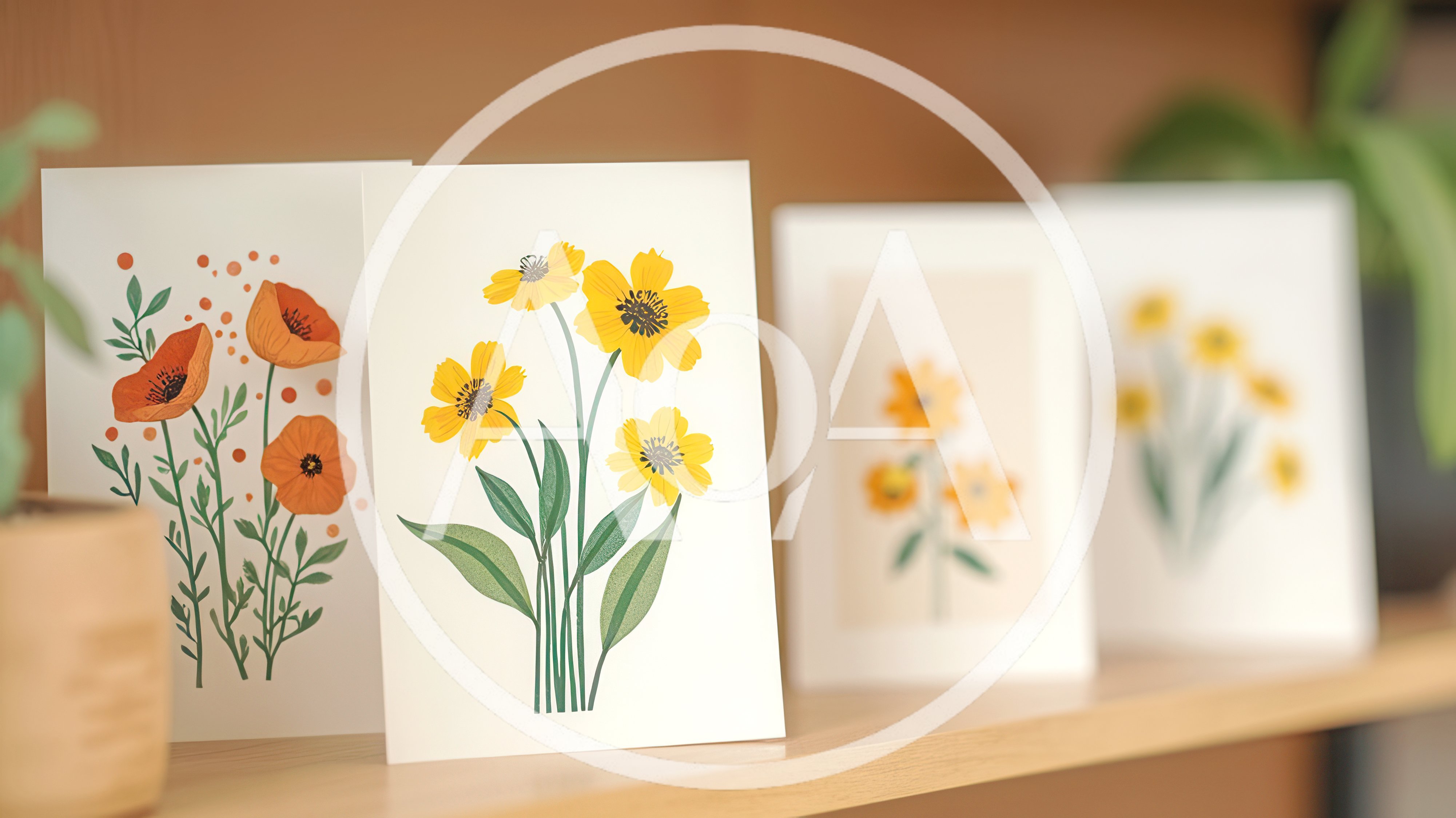 Floral Greeting Cards Displayed On A Wooden Shelf