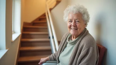 Elderly Woman Sitting On A Stairlift At Home