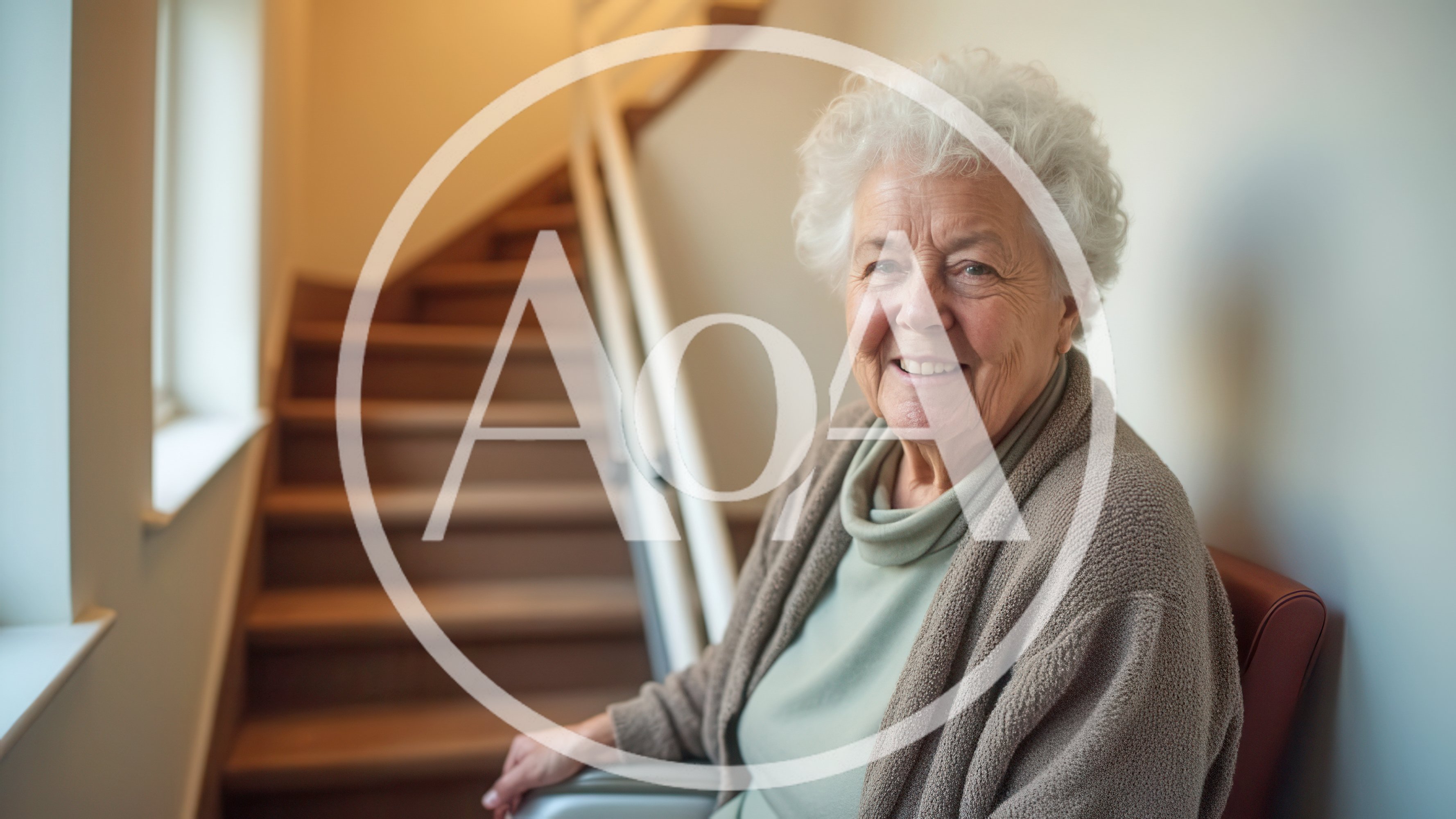 Elderly Woman Sitting On A Stairlift At Home