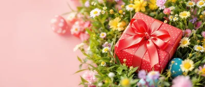 Red Gift Box With Ribbon Among Easter Flowers
