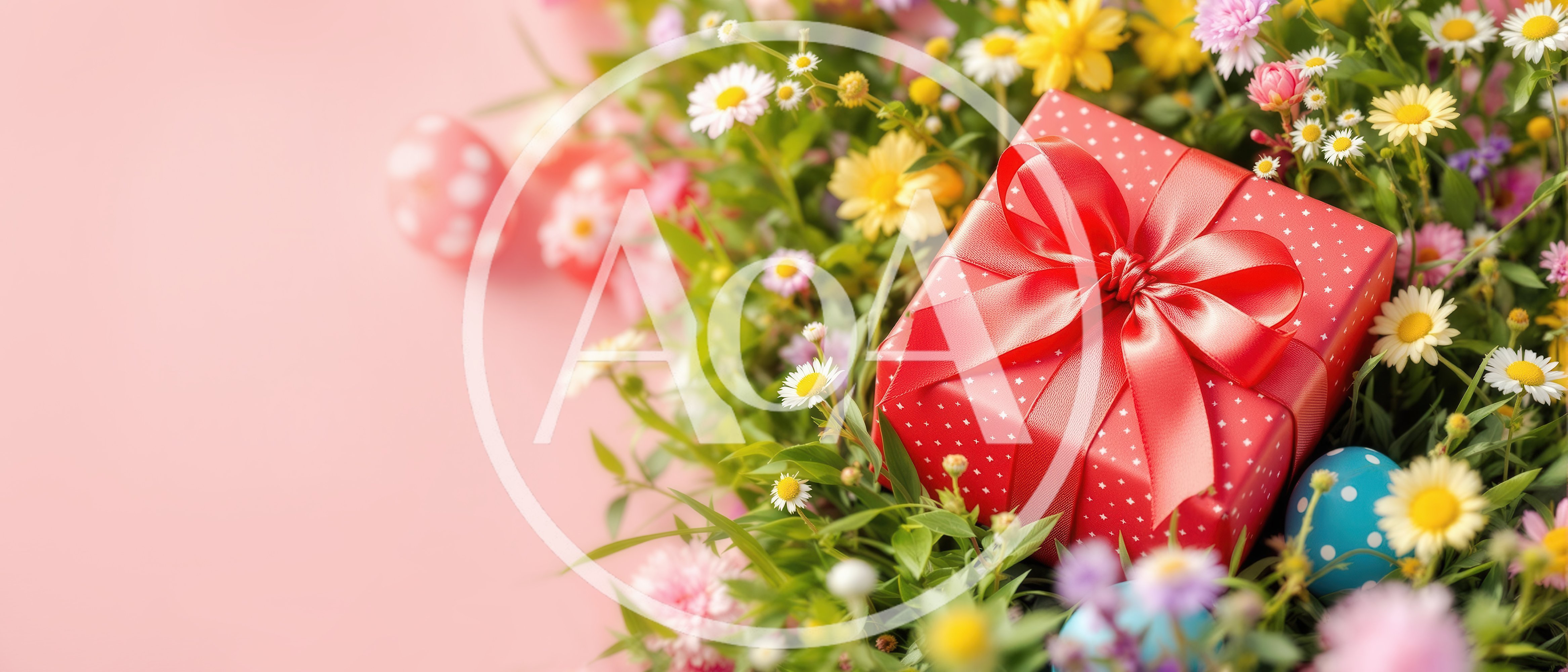Red Gift Box With Ribbon Among Easter Flowers