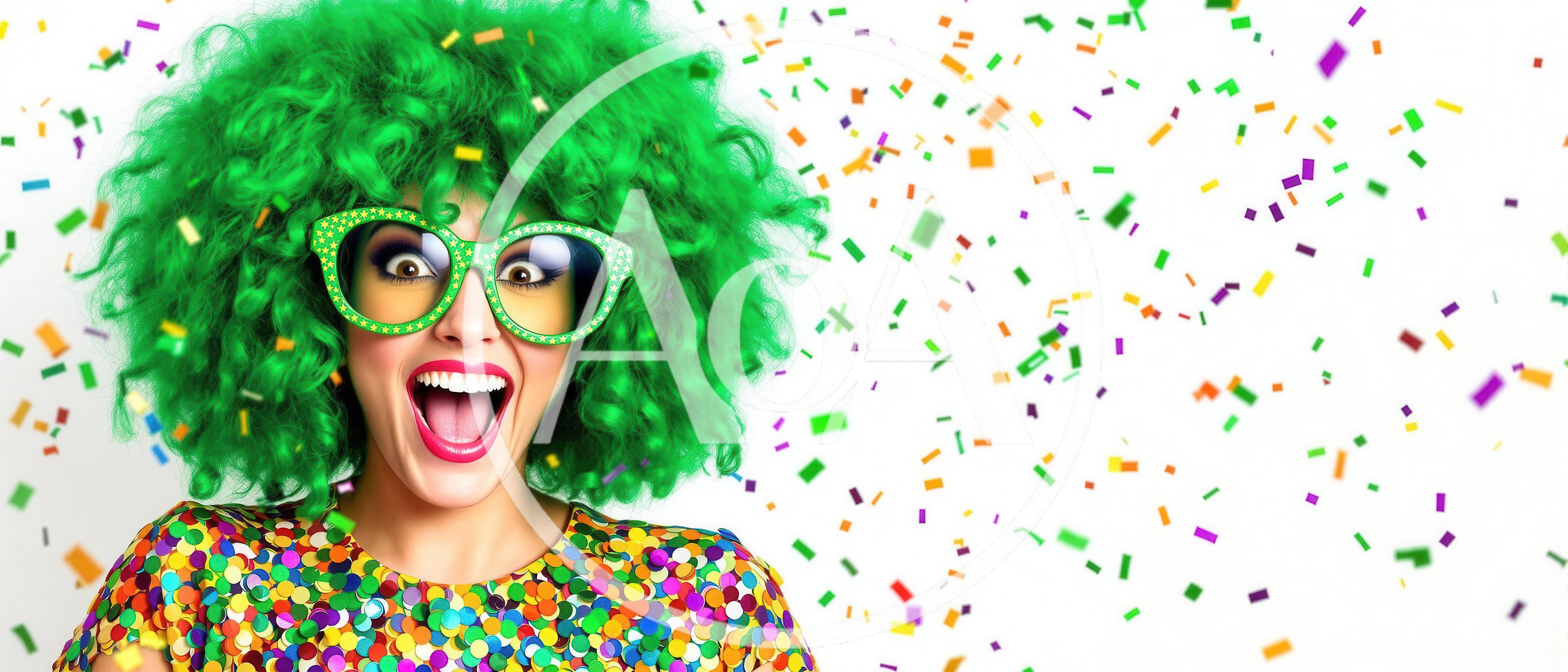 Excited Woman With Green Afro Wig And Confetti