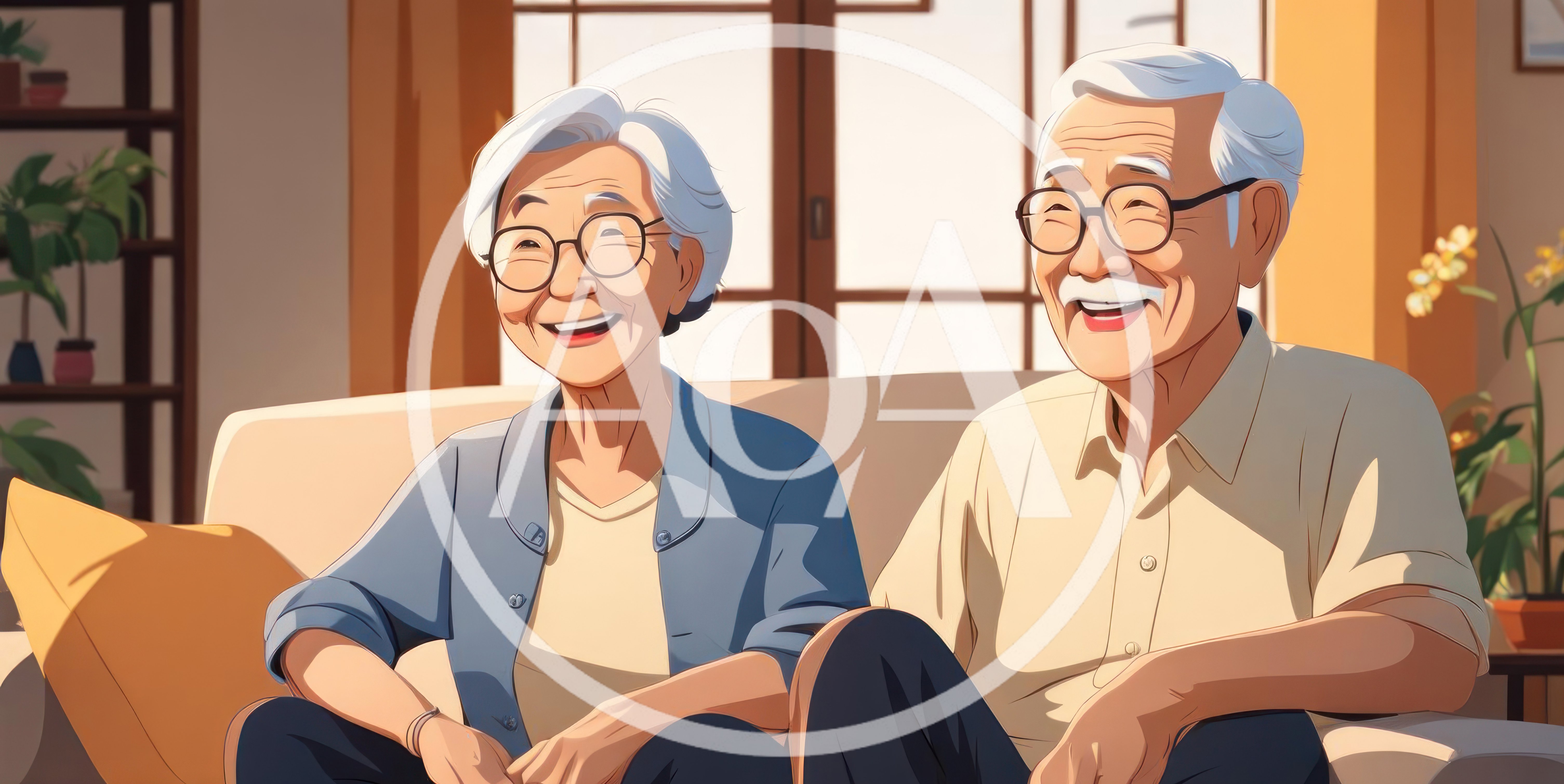 Happy Elderly Couple Sitting Together on Sofa