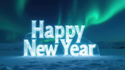 Happy New Year Ice Sculpture Under Northern Lights