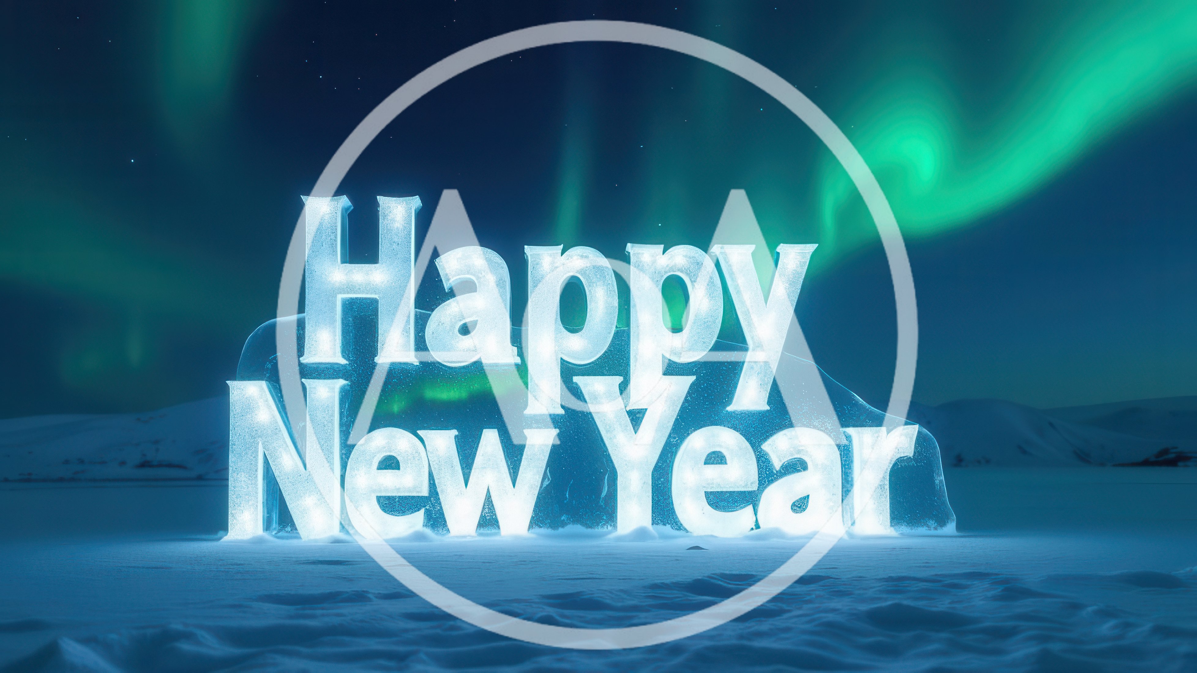 Happy New Year Ice Sculpture Under Northern Lights