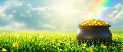 Pot Of Gold Coins In A Sunny Meadow