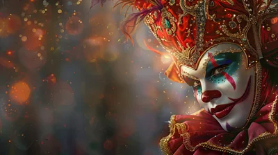 Venetian Carnival Jester Mask With Ornate Red Costume