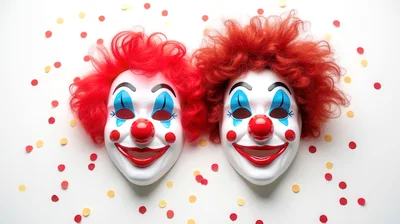 Two Clown Masks With Red Hair And Confetti