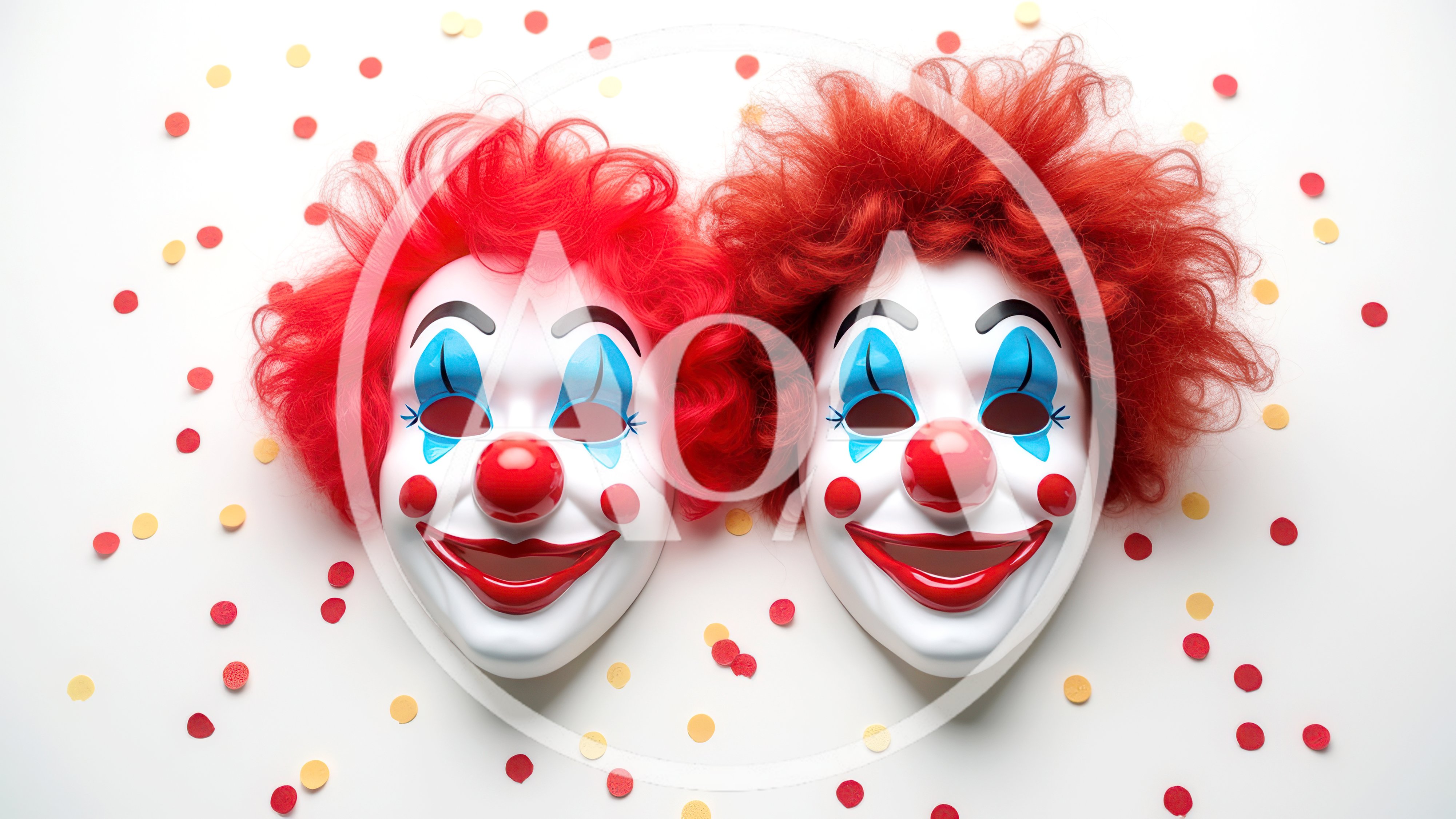 Two Clown Masks With Red Hair And Confetti