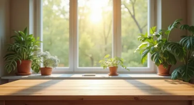 Wooden Table With Potted Plants Near Sunny Window