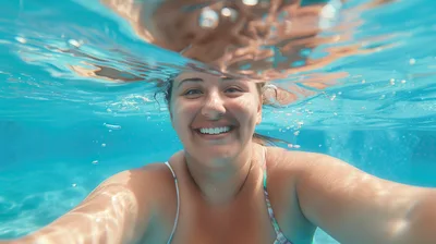 Young Woman Smiling Underwater In A Swimming Pool