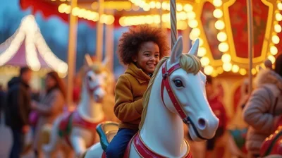 Happy Child Riding A Carousel Horse At A Fair