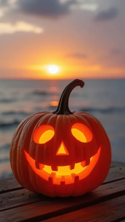 Jack O Lantern Pumpkin On Wooden Pier At Sunset