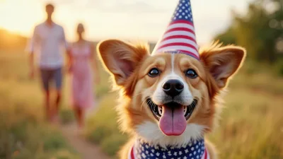 Happy Corgi Wearing American Flag Party Hat