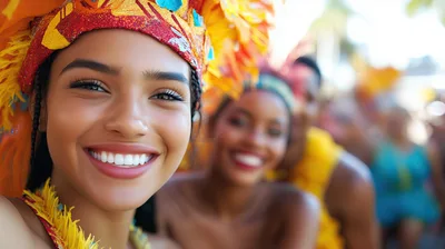 Smiling Woman Wearing Vibrant Carnival Headdress