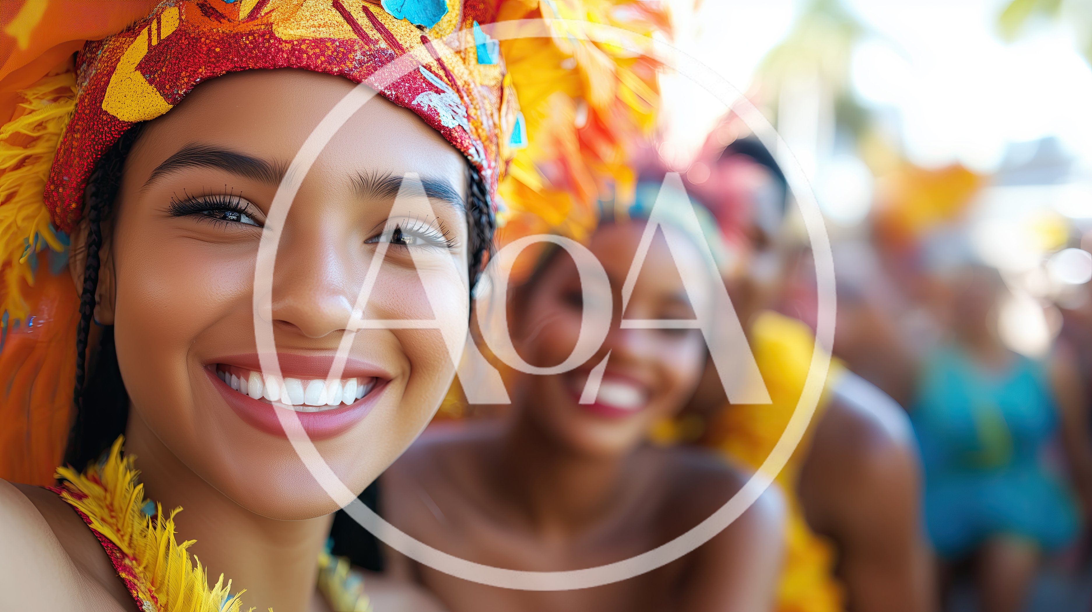 Smiling Woman Wearing Vibrant Carnival Headdress