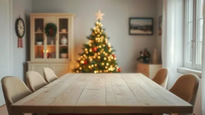 Dining Table In A Cozy Christmas Decorated Room