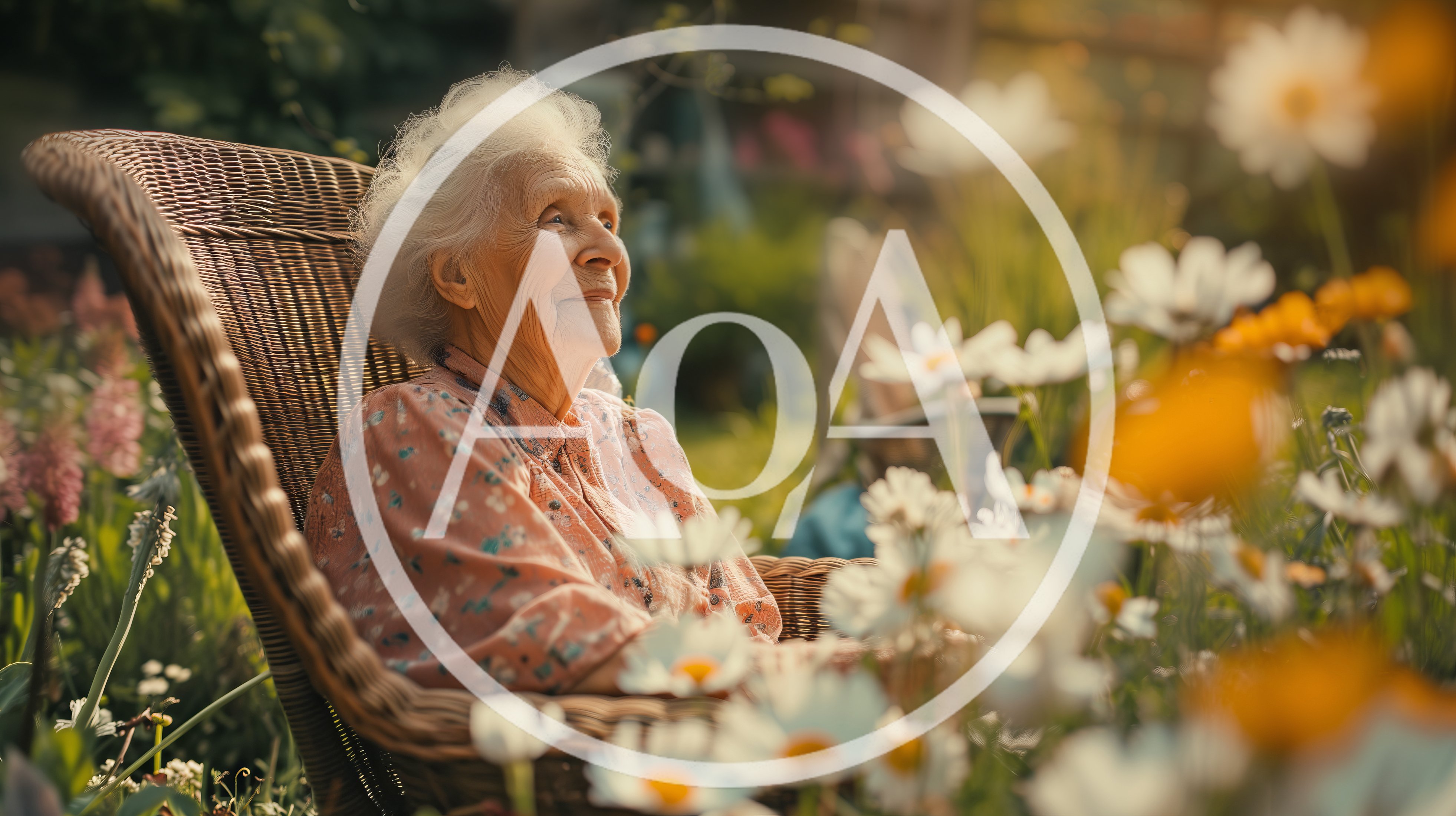 Elderly Woman Relaxing In A Wicker Chair Outdoors