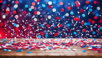 Red White and Blue Confetti Falling on Wooden Table