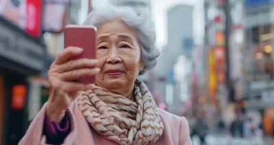 Elderly Asian Woman Taking Selfie In City Street