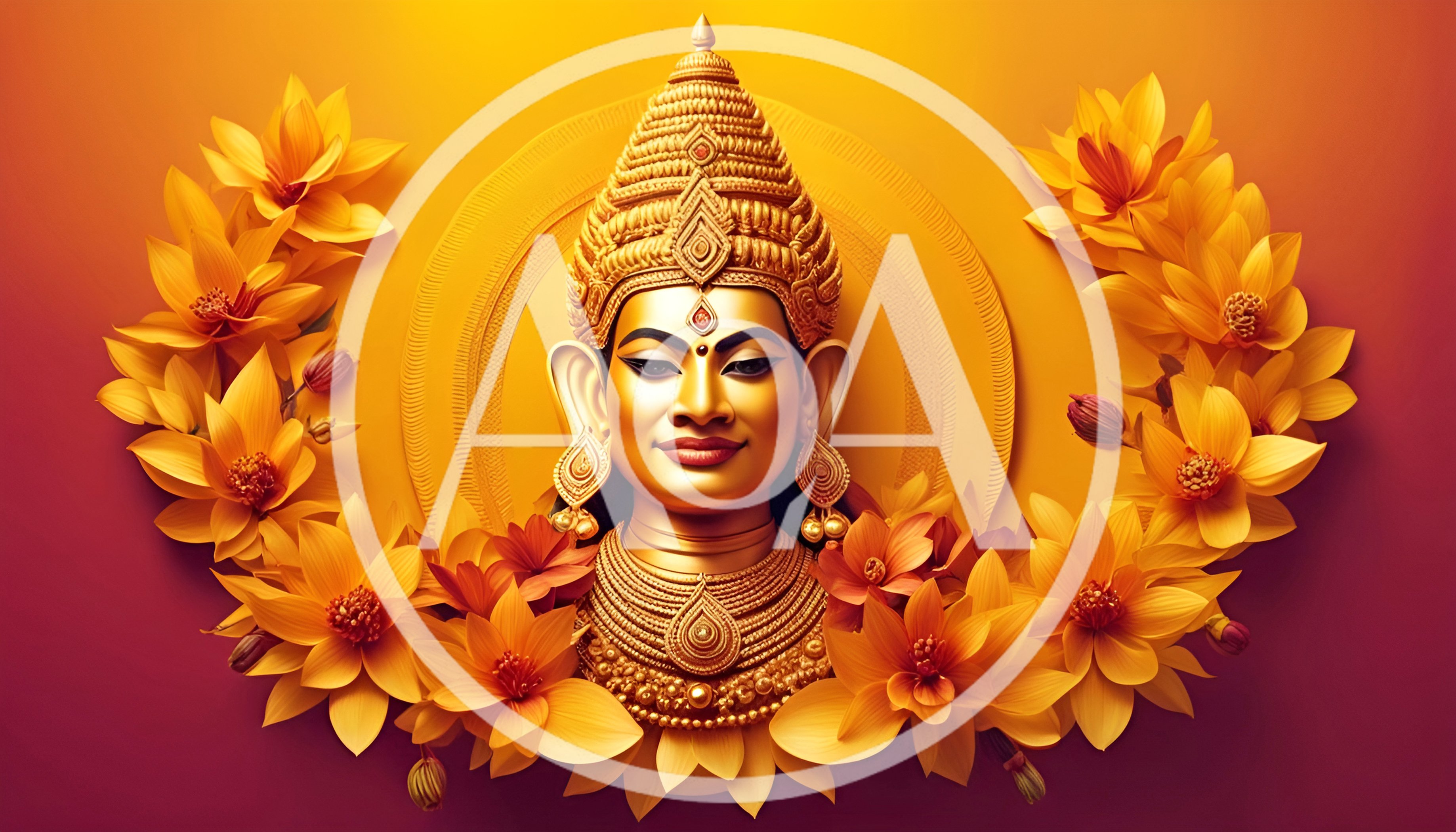 Golden Deity Portrait Surrounded By Vibrant Yellow Flowers