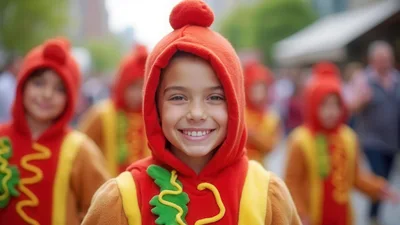 Happy Child Wearing A Hot Dog Costume